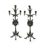 Pair of Italian Patinated Bronze Four-Light Candelabra