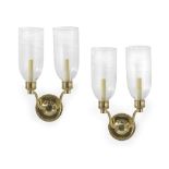 Pair of Bronze and Glass Two-Light Sconces