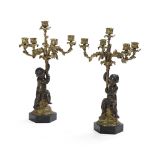 Pair of French Marble and Bronze Figural Candelabra