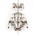 Italian Patinated Metal and Crystal Chandelier