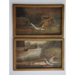 English School, late 19th Century - a pair, fish on the banks of a river and fish, rod and creel,