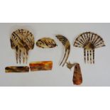 A selection of faux tortoiseshell items to include: two geometric design mantilla or hair combs;