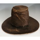 Welsh Interest - a late Victorian pony skin Welsh hat with wide brim and tall tapered cylindrical