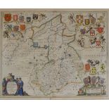 Jansen - Cantabrigiensis (Cambridgeshire) engraved map, later hand coloured, glazed back with text,