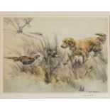 Henry Wilkinson - gun dog and pheasant in winter landscape, coloured etching,