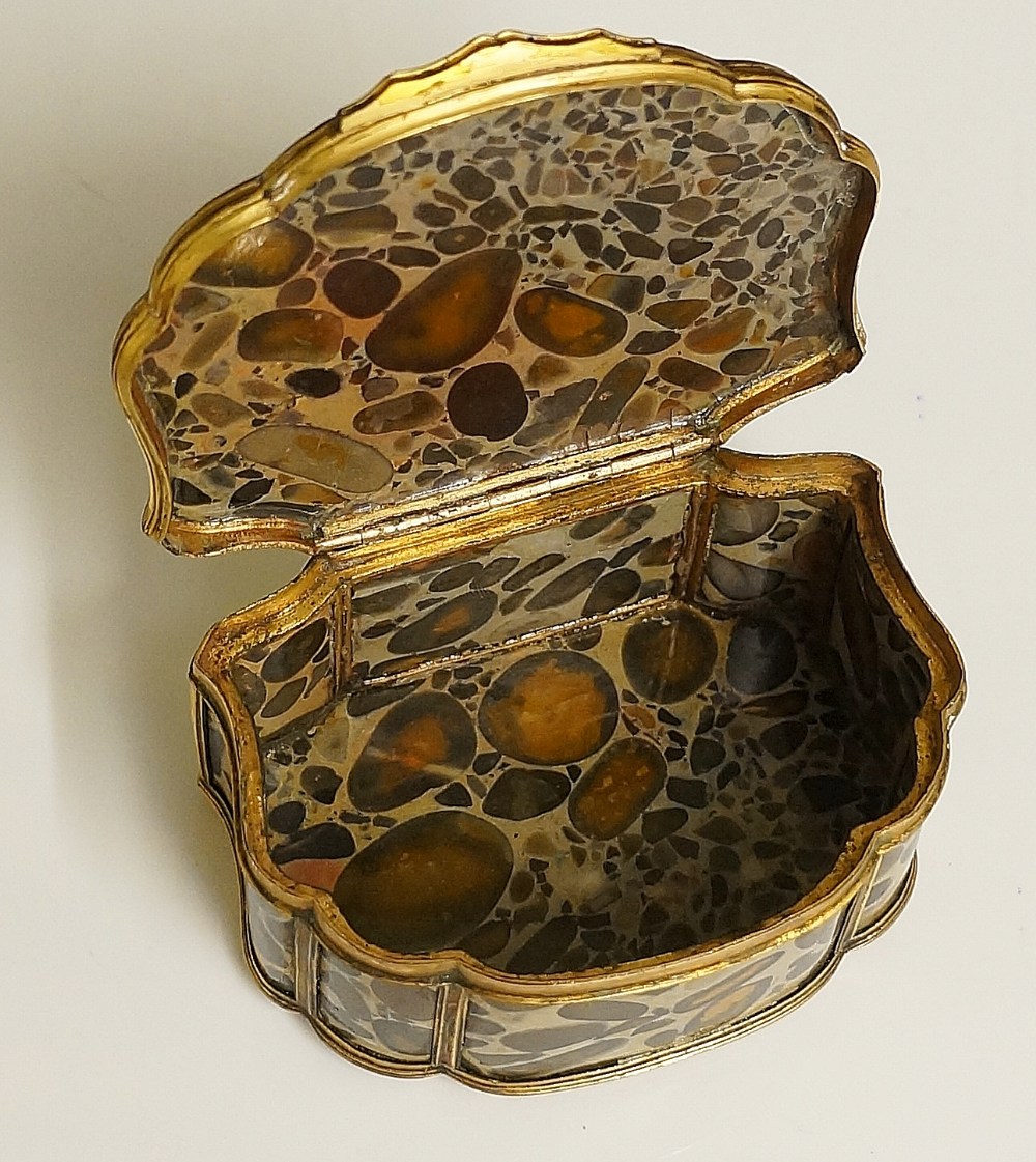 A good 19th Century fossilised hardstone box of D-shape the hinged lid and shaped front with gilt - Image 2 of 2