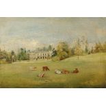 English School, late 19th Century - cows grazing before a manor house,