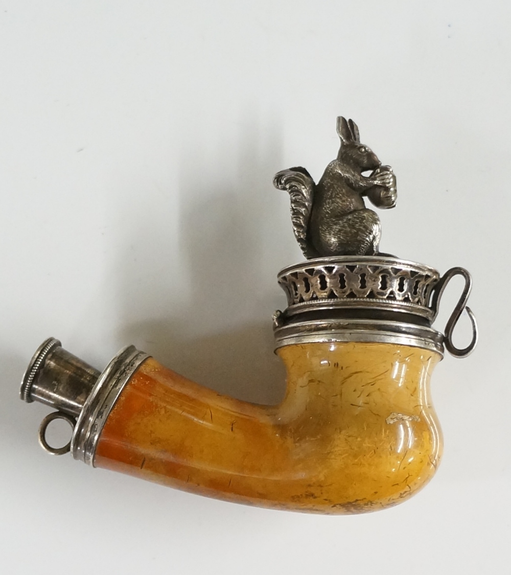 A Victorian silver mounted Meerschaum pipe the hinged lid set a squirrel holding a nut, - Image 2 of 2
