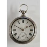 A silver pair cased pocket watch the white enamel dial with subsidiary seconds dial, Roman numerals,