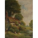 H S Percy - children outside a thatched cottage with church in the background, a summer scene,