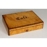 A French birds eye maple box, the hinged lid inscribed Cafe, strung borders, velvet lined,