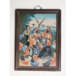 A reverse painting on glass of seven figures in stylised landscape, 48cm x 33cm,