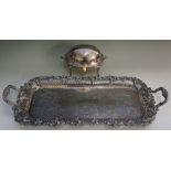 A plated two handled serving tray with cast border of bunches of grapes and trailing vines,