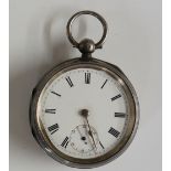 A Victorian keyless lever silver fob watch, engine turned case,