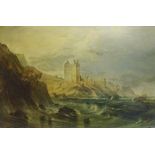 J Eisbank - Storm, Ravenscraig Castle near Kirkcald, Fifeshire, oil on mahogany panel, 42cm x 62cm,