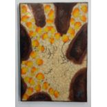 A Karlsruhe pottery tile the crackle glaze with orange, yellow and brown decoration, 35cm x 52cm,