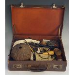 A leather case containing large quantity of keys, sovereign scales, pen and other knives,