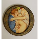 Erotica - a mid 19th Century burr maple circular box the screw off lid opening to reveal an oval