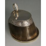 A Victorian silver mounted hoof ink well, the lid with scroll handle and engraved 'Sultan,