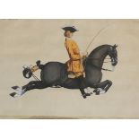 A pair of 18th Century French equestrian prints, hand coloured,