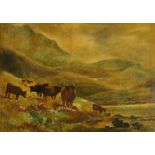 English School, late 19th Century - Highland cattle in extensive misty mountainous landscape,
