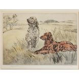 Henry Wilkinson - gun dogs in extensive landscape, coloured etching,