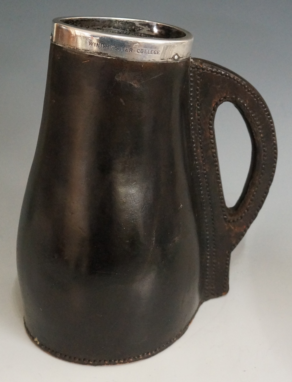 A silver mounted brown leather jack, the sturdy body and handle with thick stitching, - Image 2 of 2
