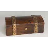 A Victorian rosewood stamp box of shallow domed form with pair of studded gilt metal bands,