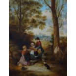 English School, late 19th Century - children and dog at harvest time seated on a stile,