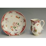 An 18th Century sparrow beak jug with baluster body and plain loop handle decorated overall in pink,