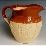 A Victorian pottery jug relief moulded to the front with a tavern scene inscribed Mortlock's,