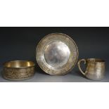 An interesting American silver Christening set comprising a mug, bowl and plate,