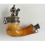 A Victorian silver mounted Meerschaum pipe the hinged lid set a squirrel holding a nut,