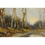 J Fox - a pair, figures in wooded clearing, autumn, morning and evening, oil on canvas,