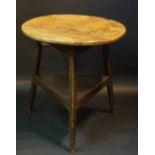 A good late 18th Century cricket table the circular 3cm thick elm and burr elm top supported on a