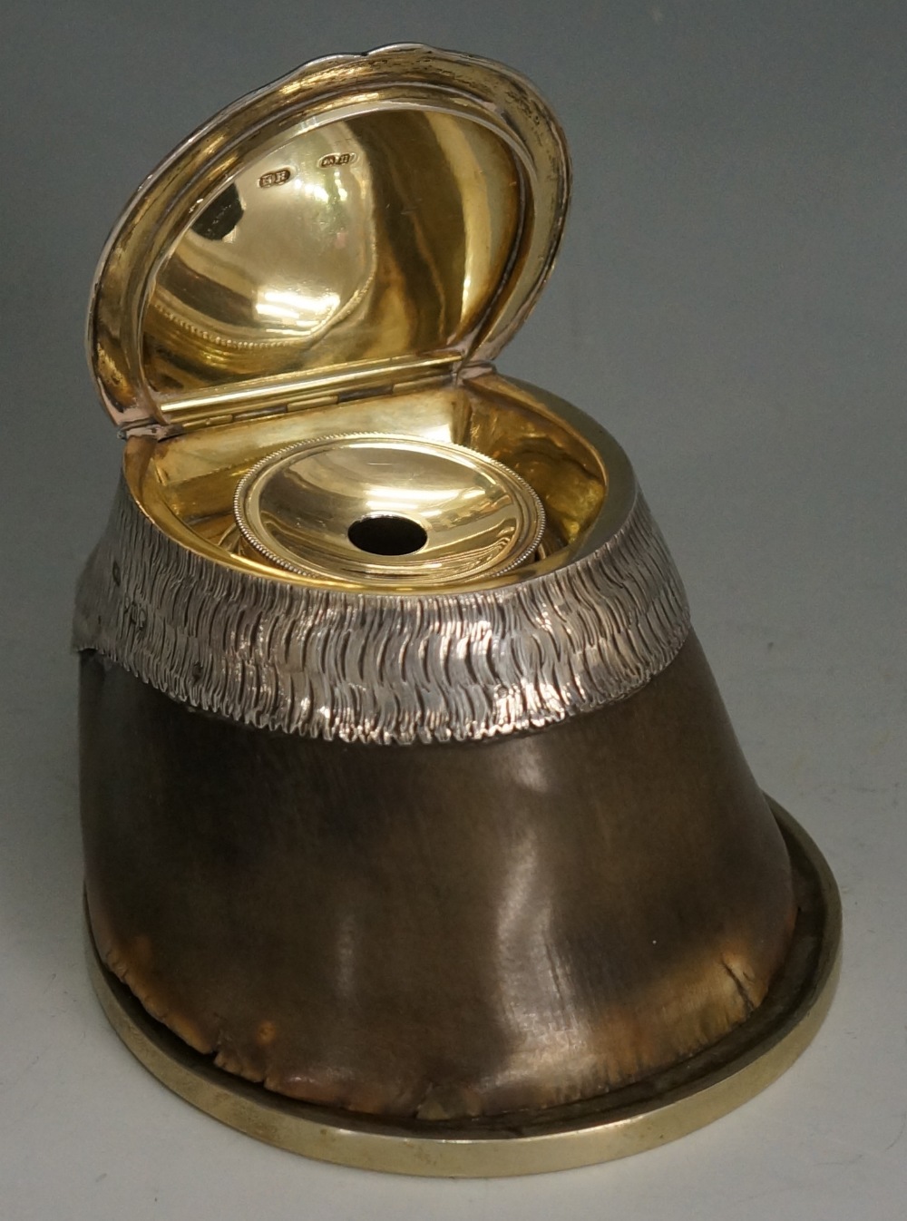 A Victorian silver mounted hoof ink well, the lid with scroll handle and engraved 'Sultan, - Image 2 of 2