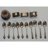 A selection of silver items to include: a set of six teaspoons,