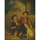 Continental School, late 19th Century - two young boys with a dog, oil on tin panel,