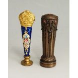 A good 19th Century French gilt metal and enamel desk seal the tapered shaft enamelled with panels