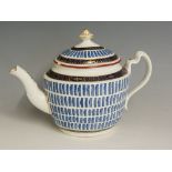 A Worcester music pattern teapot of oval form with domed lid, moulded strapwork handle and spout,