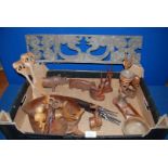 A box of mixed Treen including well carved pig and other animals, bowl,