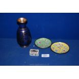 A small blue cloisonne Vase 6" tall and other pin dishes