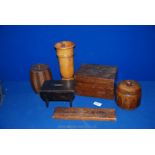 A box of Treen including lidded tea caddy, small table wooden money box,
