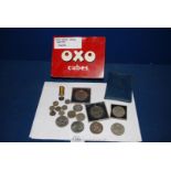 An old Oxo tin with a quantity of Coins including 1891 Crown, sixpences, decimal coins,