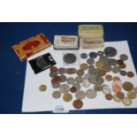 Miscellaneous coins (mainly foreign) and a few cigarette cards,