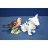 A Belleek Terrier Dog and a Beswick Finch,