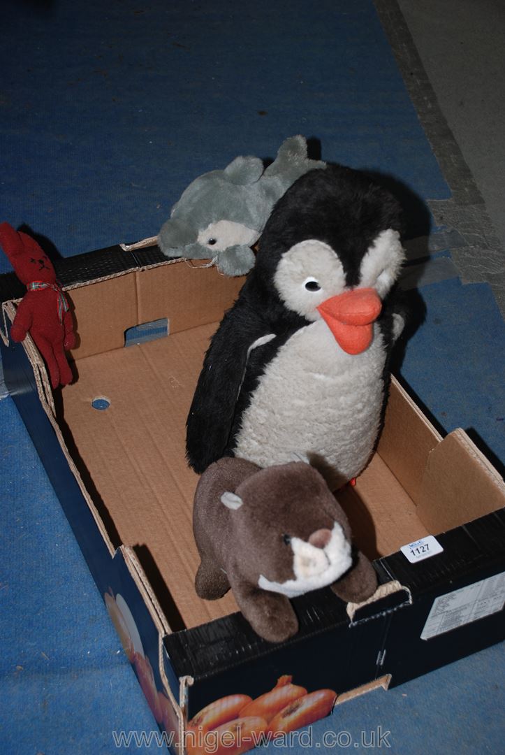 A large cuddly toy Penguin, a Merry Thought Otter, etc.
