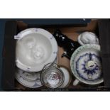 A quantity of china including Sheraton Chamber Pot, blue and white Plates, pair of cats, etc.
