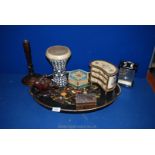 A floral decorated Tray, hand-made miniature chest of drawers, drum, wooden candlestick,