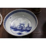 A good blue and white transfer printed Pearlware Punch Bowl, Chinoiserie decorated,